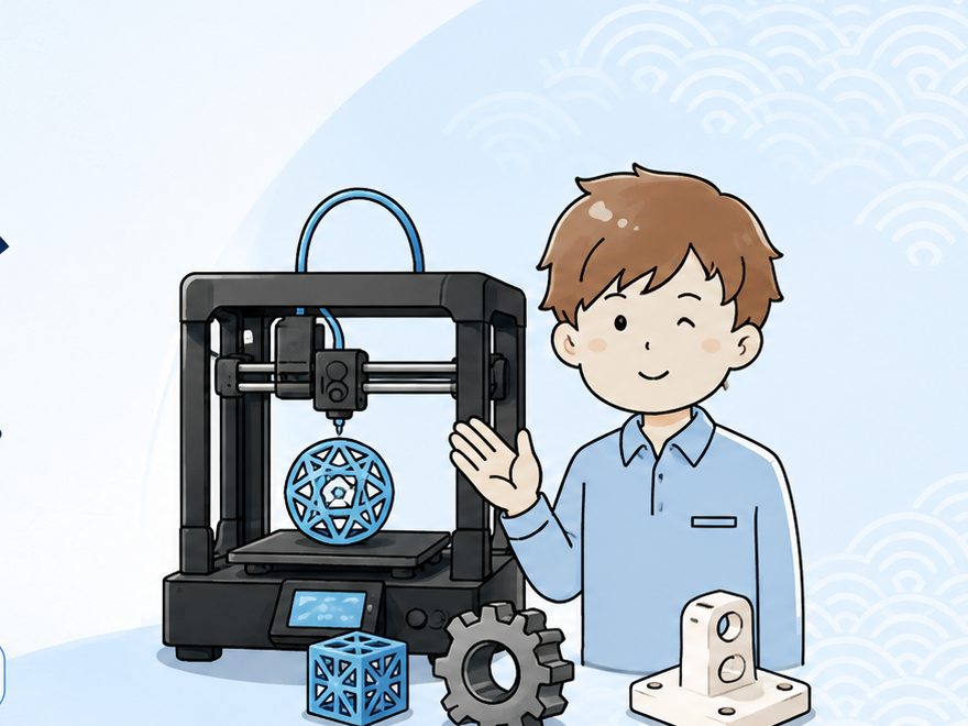 3Dプリンターと造形物を紹介する運営者のイラスト